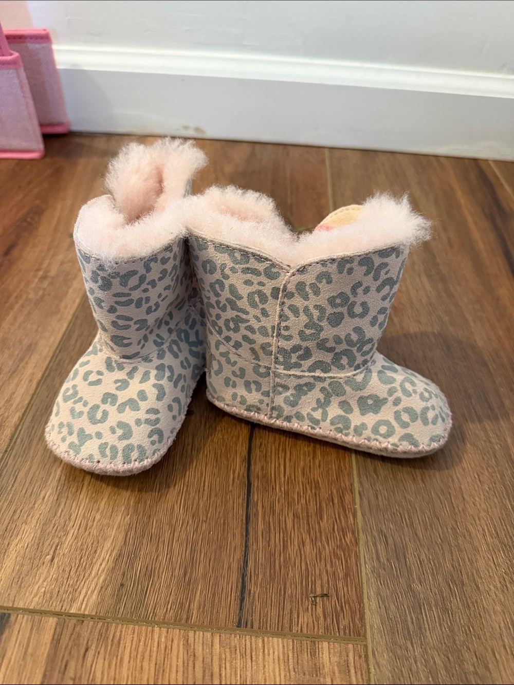 UGG Pink Leopard Baby Booties with Faux Fur Trim